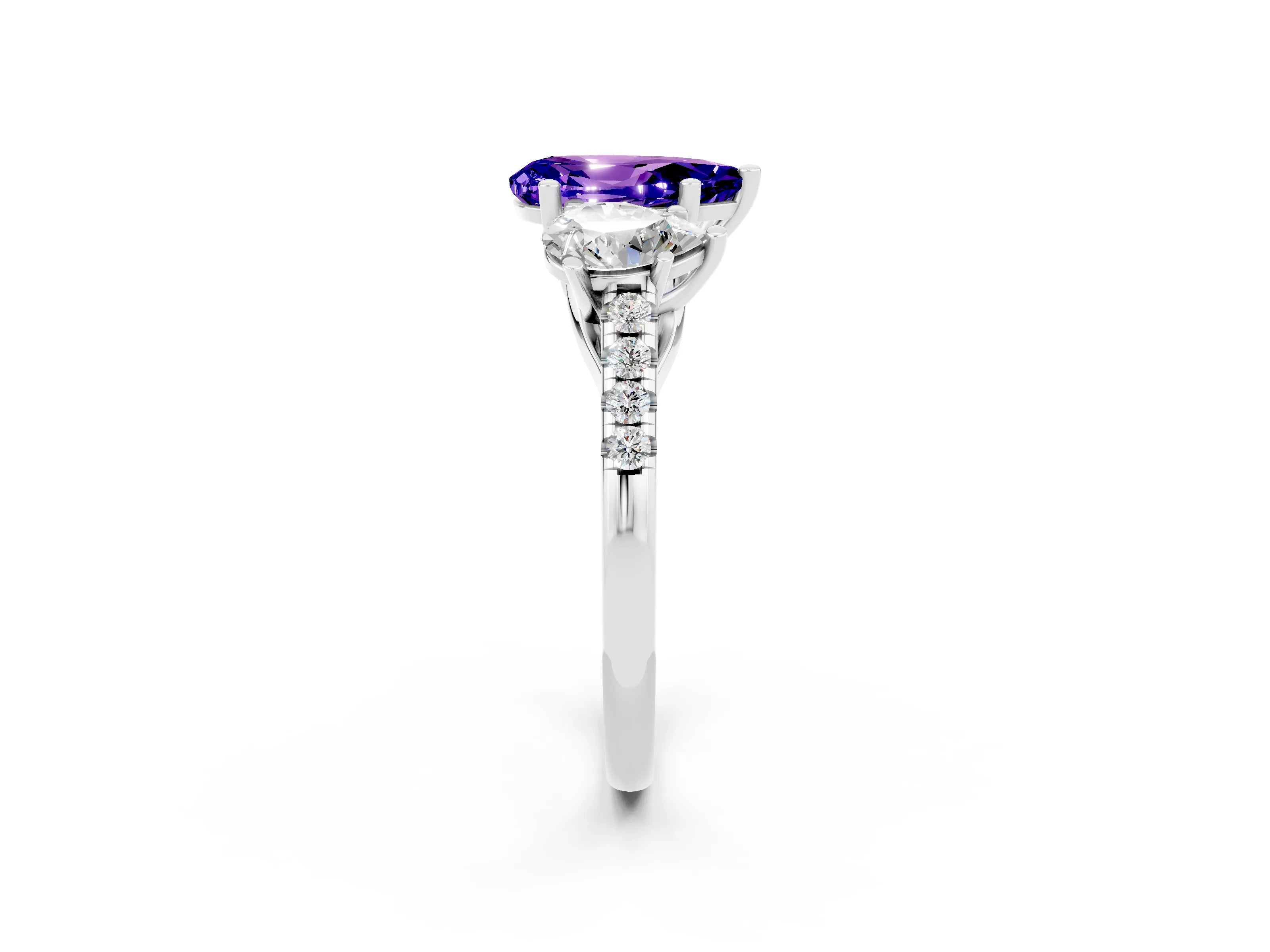 White gold Three-Stone Pear Cut Tanzanite Ring with Pavé Band and Prong Setting_14