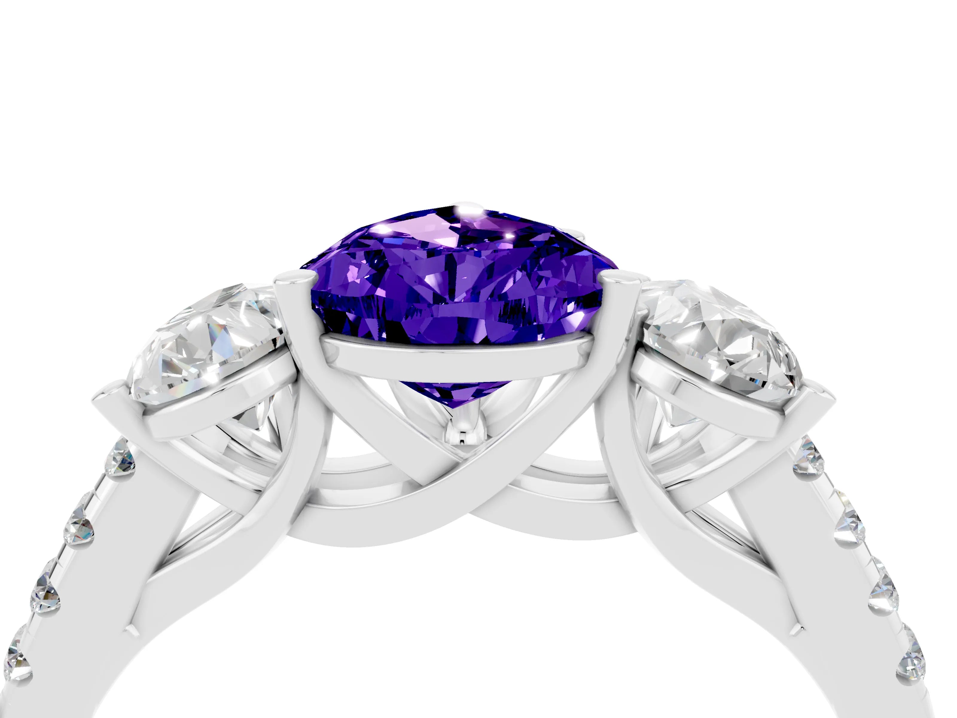 White gold Three-Stone Pear Cut Tanzanite Ring with Pavé Band and Prong Setting_16