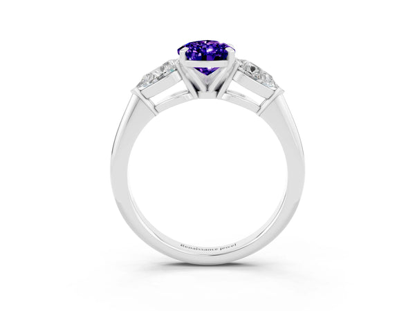 Silver Three-Stone Pear Cut Tanzanite Ring with Pear Side Stones and Four-Prong Setting