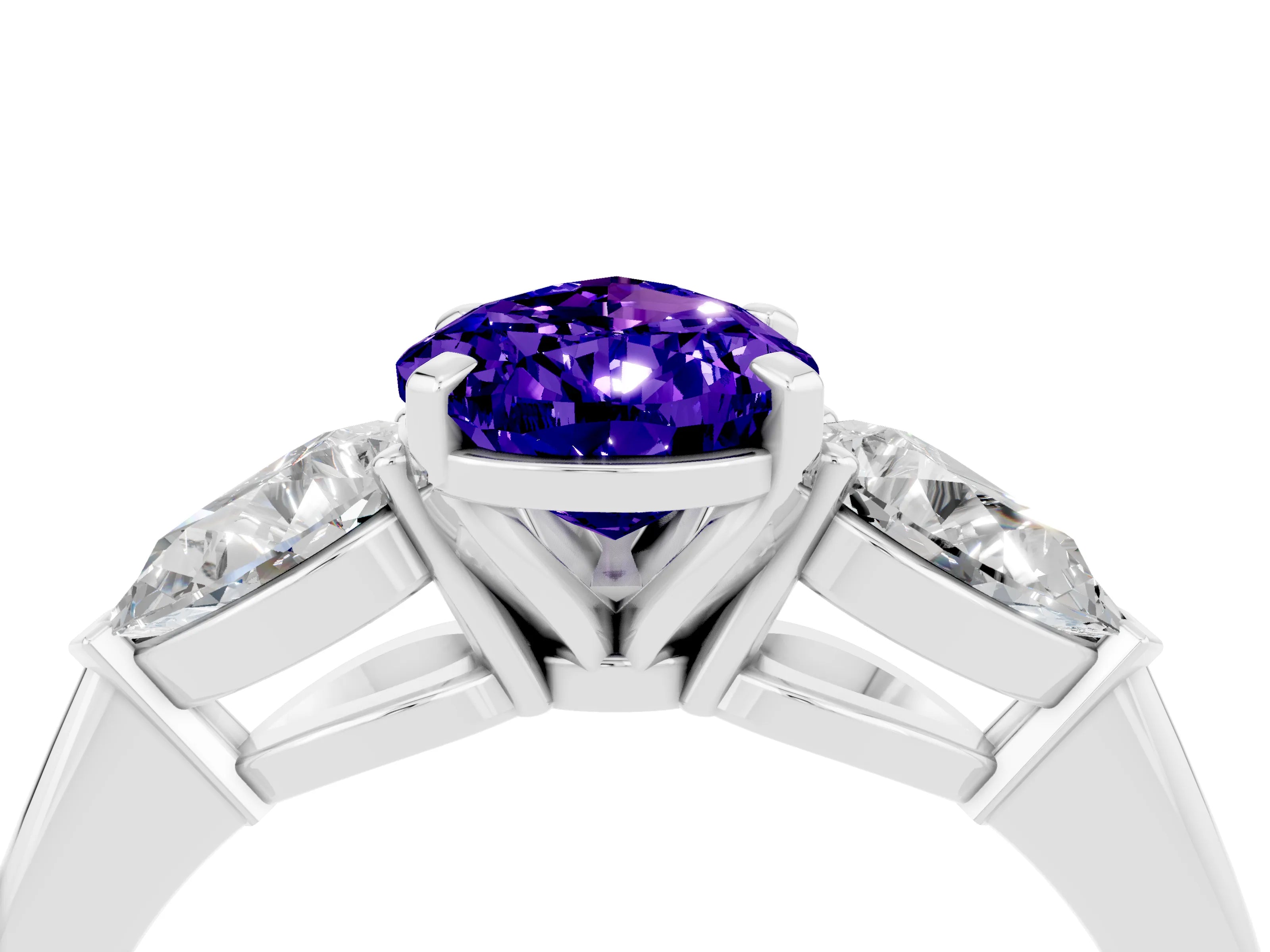 White gold Three-Stone Pear Cut Tanzanite Ring with Pear Side Stones and Four-Prong Setting_4