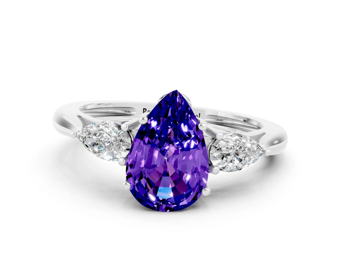 White gold Three-Stone Pear Cut Tanzanite Ring with Pear  Side Stones in Four-Prong Setting_12