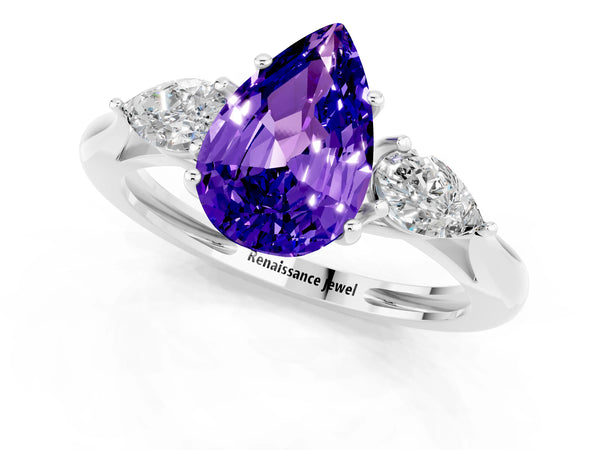 White gold Three-Stone Pear Cut Tanzanite Ring with Pear  Side Stones in Four-Prong Setting