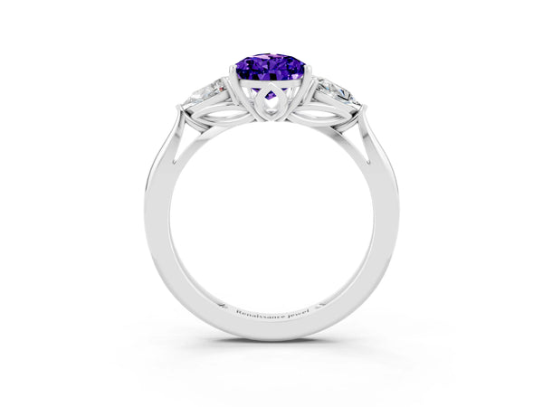 White gold Three-Stone Pear Cut Tanzanite Ring with Pear  Side Stones in Four-Prong Setting