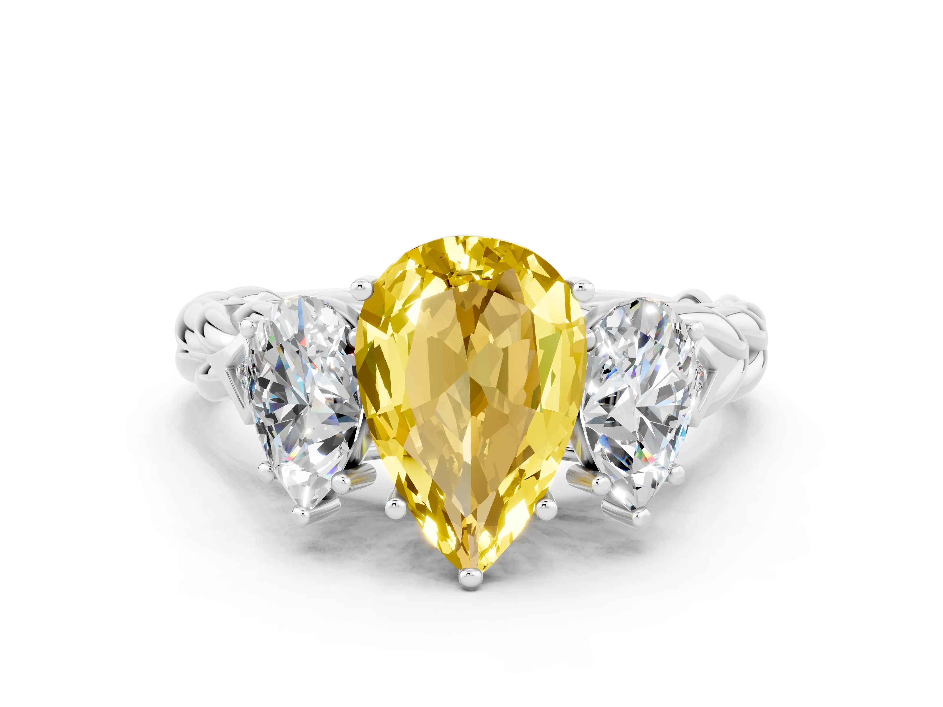 White gold Three-Stone Pear Cut Yellow Sapphire Braided Band Ring with Four-Prong Setting_36