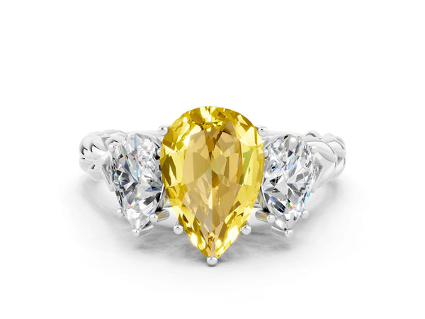 Silver Three-Stone Pear Cut Yellow Sapphire Braided Band Ring with Four-Prong Setting