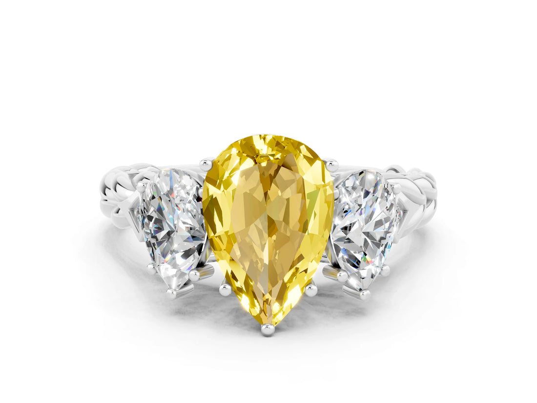 White gold Three-Stone Pear Cut Yellow Sapphire Braided Band Ring with Four-Prong Setting_36