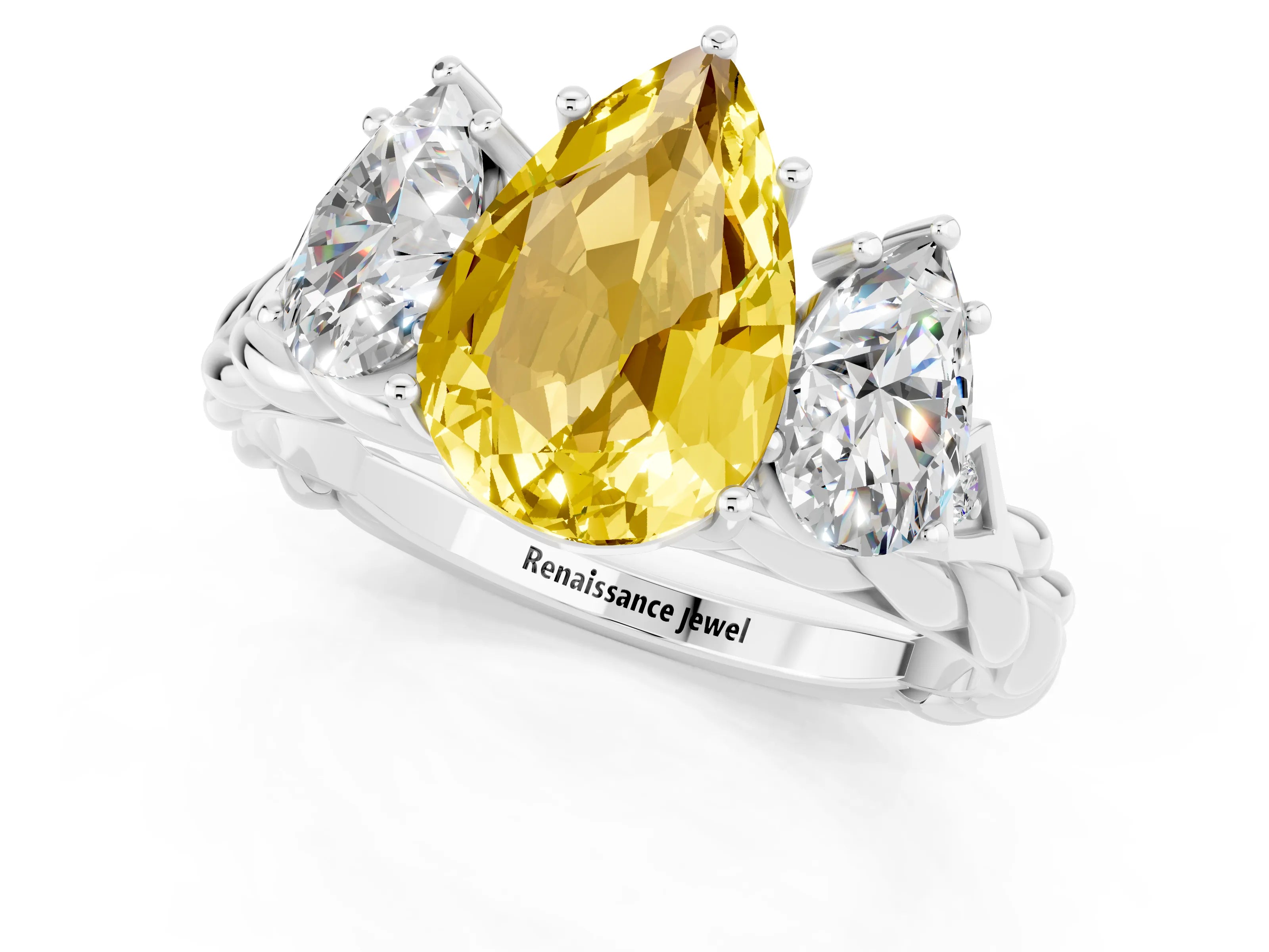White gold Three-Stone Pear Cut Yellow Sapphire Braided Band Ring with Four-Prong Setting_37