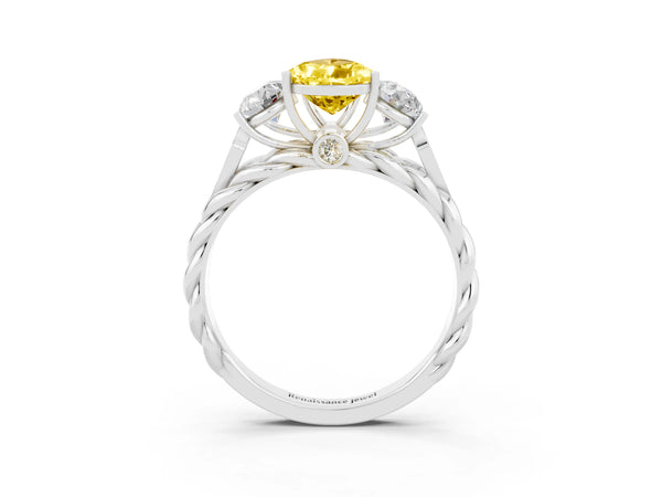 Platinum Three-Stone Pear Cut Yellow Sapphire Braided Band Ring with Four-Prong Setting