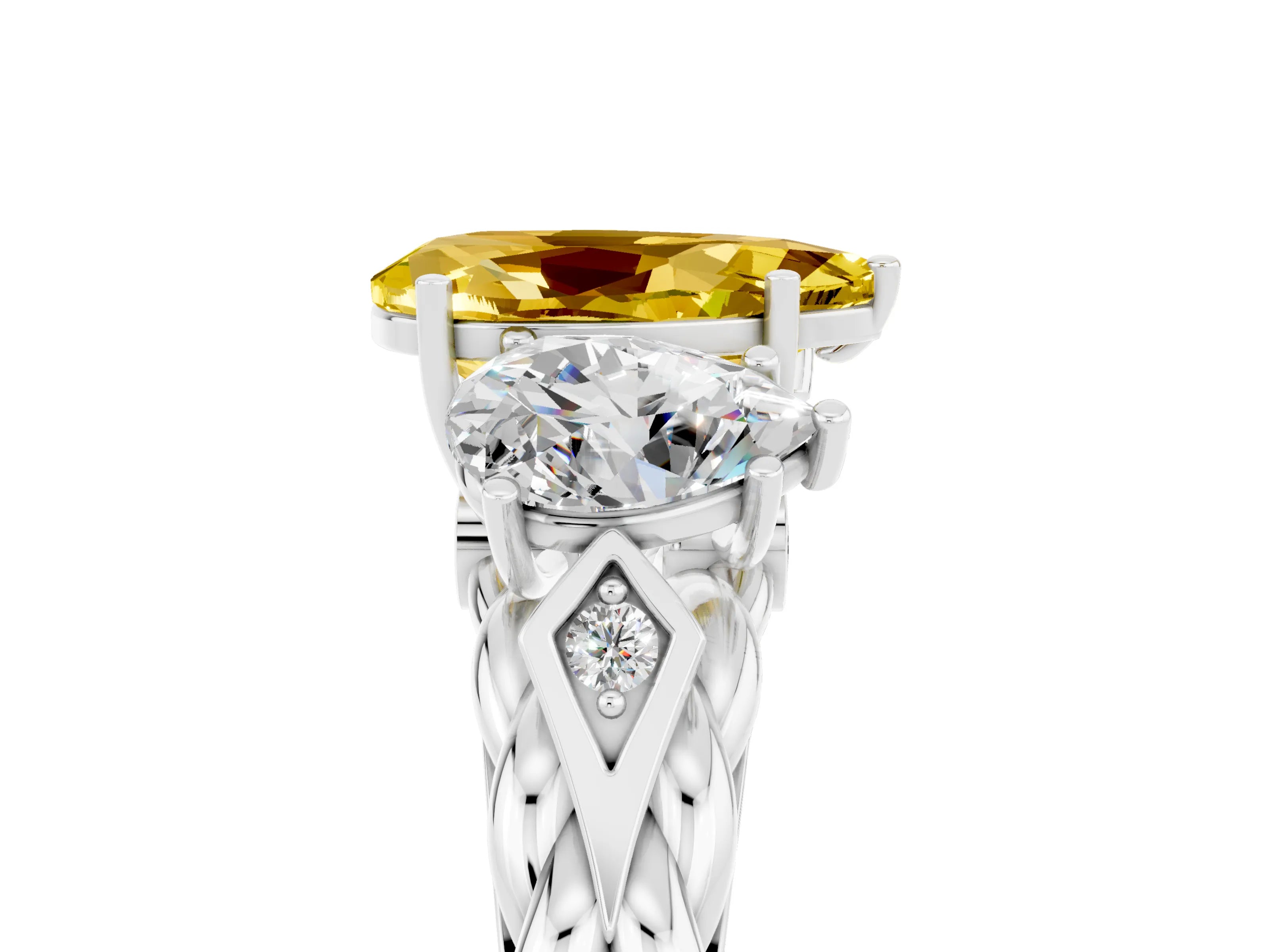 White gold Three-Stone Pear Cut Yellow Sapphire Braided Band Ring with Four-Prong Setting_41