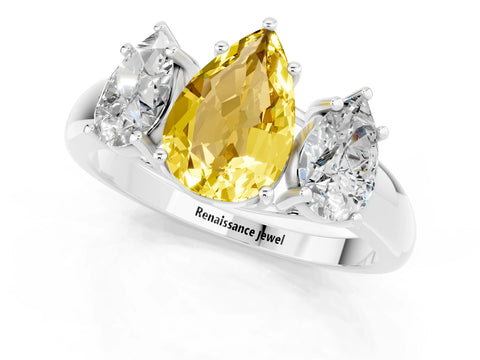 White gold Three-Stone Pear Cut Yellow Sapphire Engagement Ring with Prong Setting_1