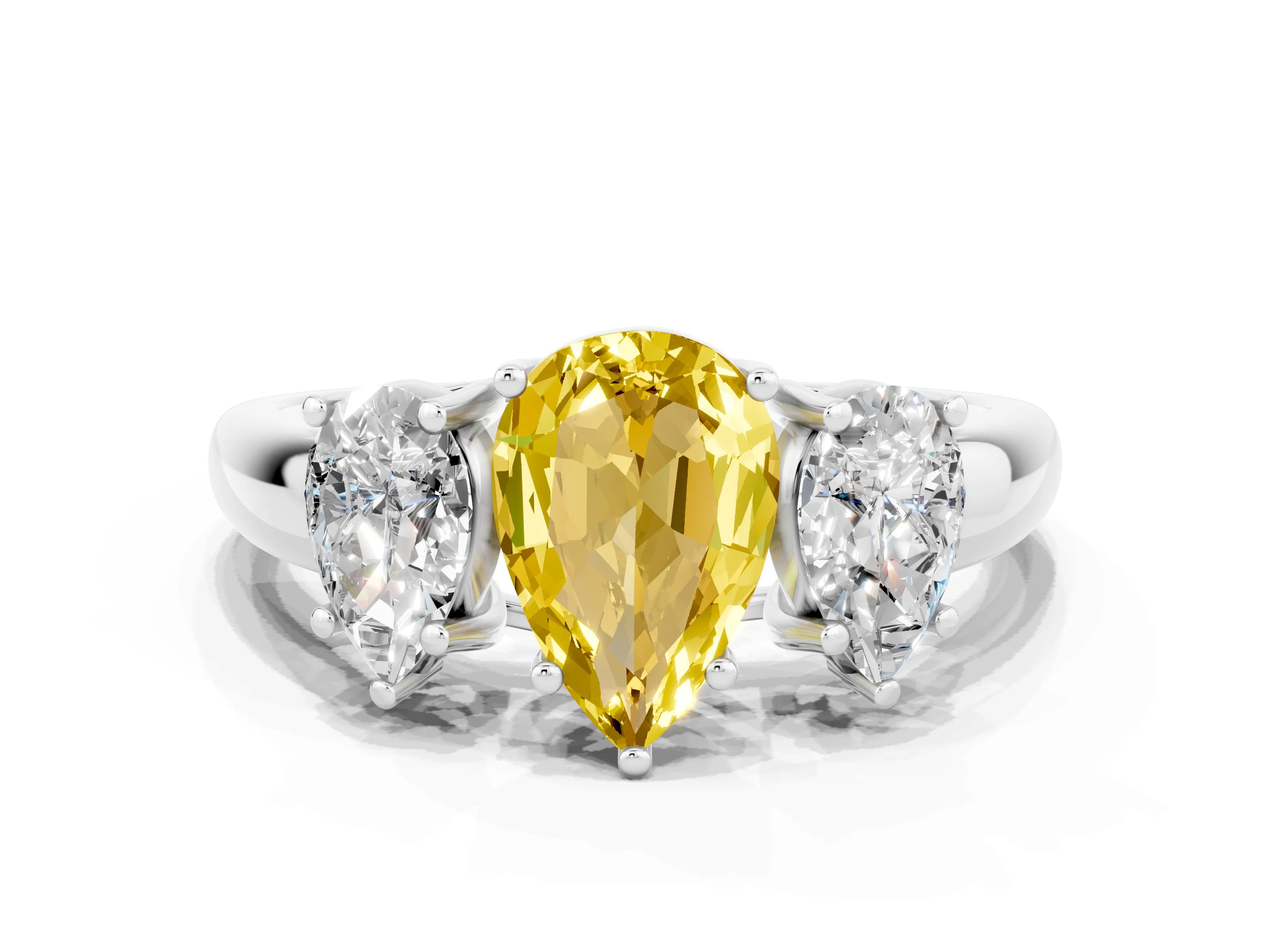 White gold Three-Stone Pear Cut Yellow Sapphire Engagement Ring with Prong Setting