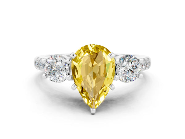 Silver Three-Stone Pear Cut Yellow Sapphire Pavé Band with Four-Prong Setting