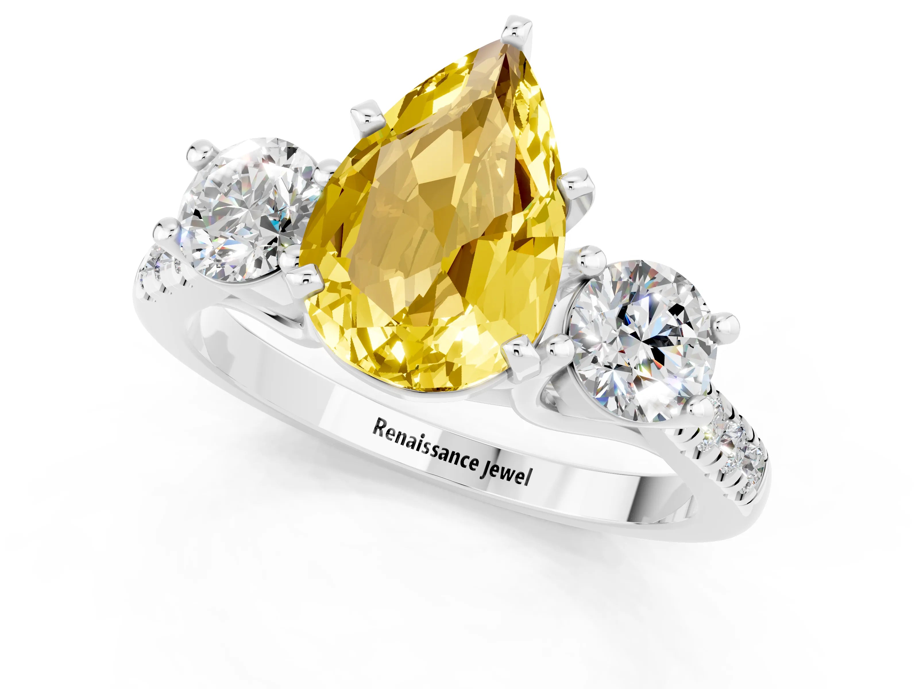 White gold Three-Stone Pear Cut Yellow Sapphire Pavé Band with Four-Prong Setting_25