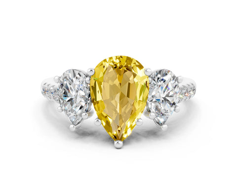 White gold Three-Stone Pear Cut Yellow Sapphire Ring with Pavé Band and Prong Setting_36