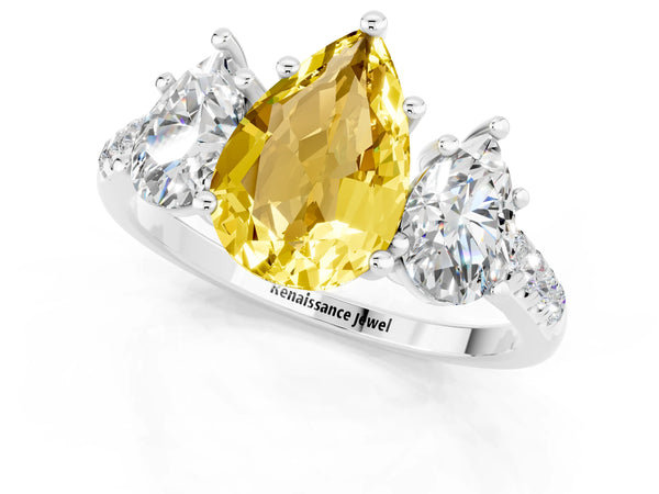 White gold Three-Stone Pear Cut Yellow Sapphire Ring with Round  Pavé Band and Prong Setting