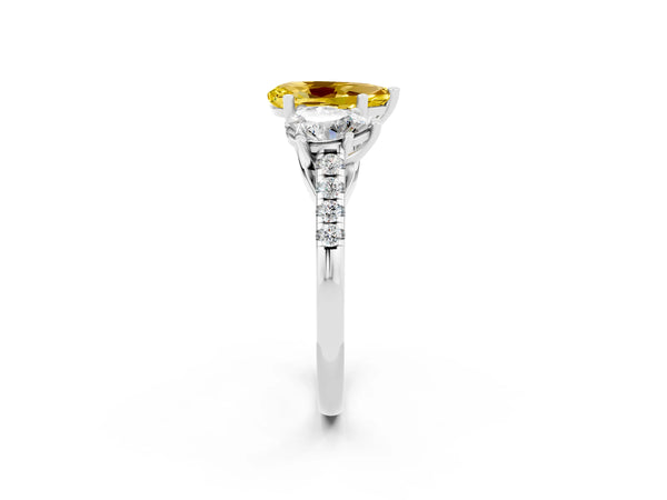 Platinum Three-Stone Pear Cut Yellow Sapphire Ring with Round  Pavé Band and Prong Setting