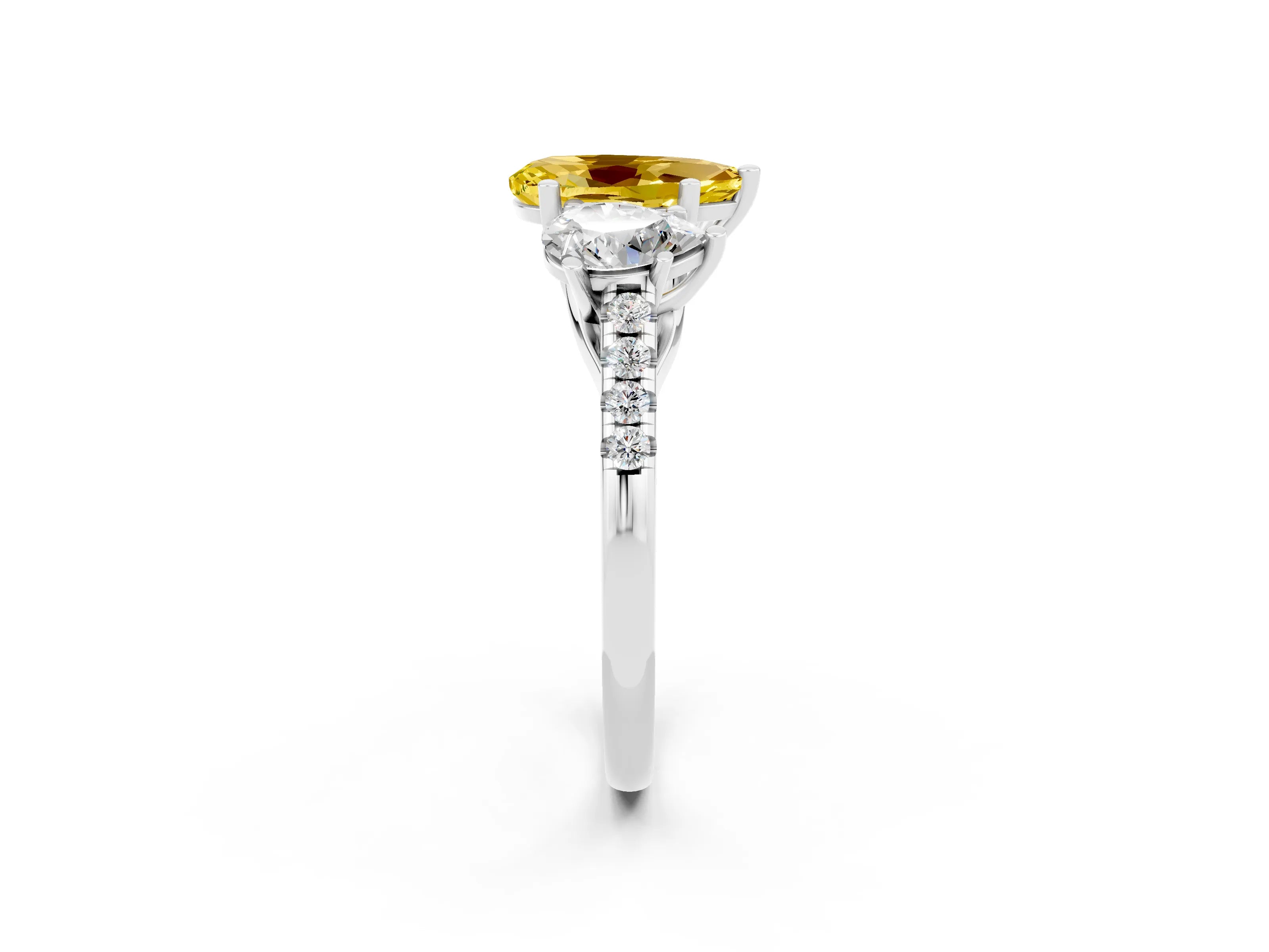 White gold Three-Stone Pear Cut Yellow Sapphire Ring with Pavé Band and Prong Setting_38