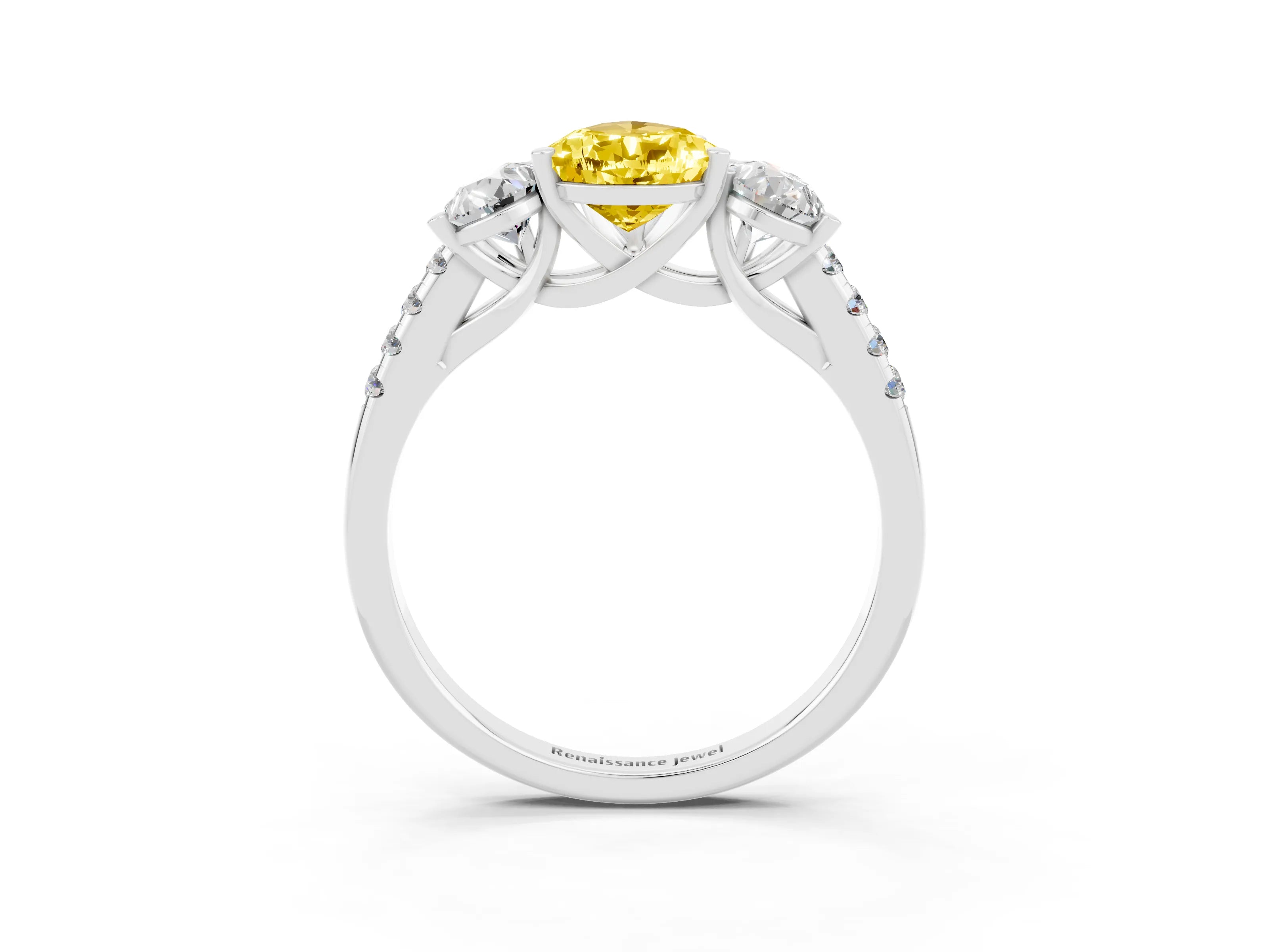 White gold Three-Stone Pear Cut Yellow Sapphire Ring with Pavé Band and Prong Setting_39