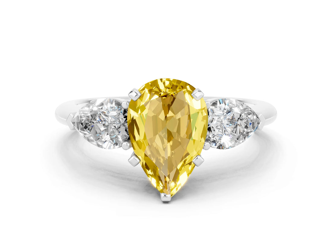 White gold Three-Stone Pear Cut Yellow Sapphire Ring with Pear Side Stones and Four-Prong Setting_24