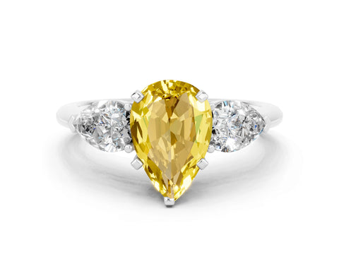 White gold Three-Stone Pear Cut Yellow Sapphire Ring with Pear Side Stones and Four-Prong Setting_24