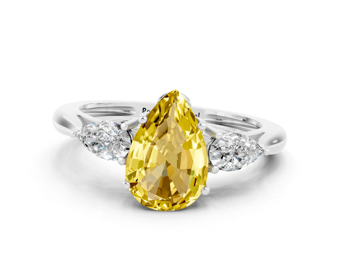 White gold Three-Stone Pear Cut Yellow Sapphire Ring with Pear  Side Stones in Four-Prong Setting_12