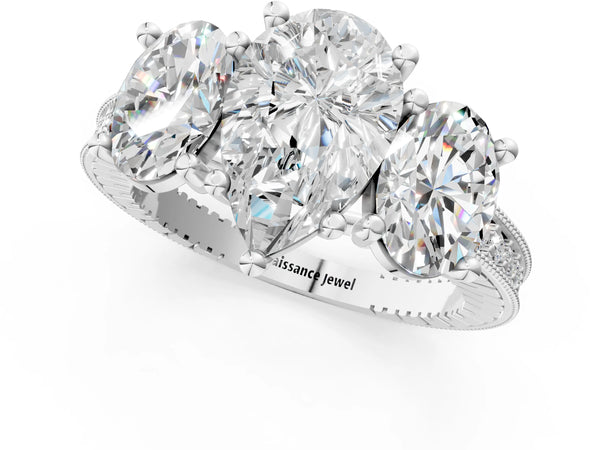 White gold Three-Stone Pear Diamond Milgrain Pave Band with Prong Setting