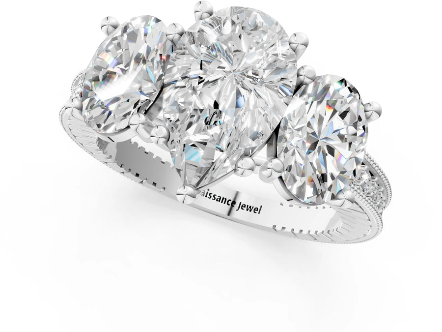 White gold Three-Stone Pear Diamond Milgrain Pave Band with Prong Setting