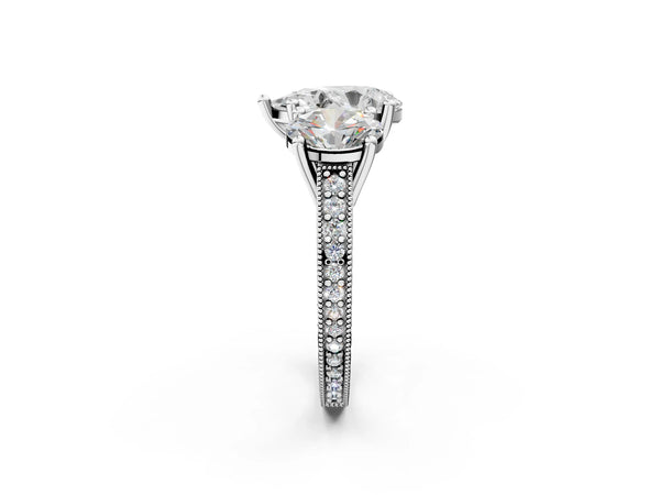 White gold Three-Stone Pear Diamond Milgrain Pave Band with Prong Setting