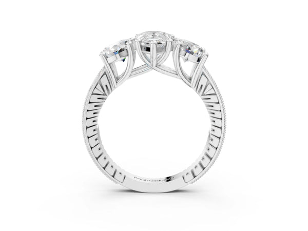 White gold Three-Stone Pear Diamond Milgrain Pave Band with Prong Setting