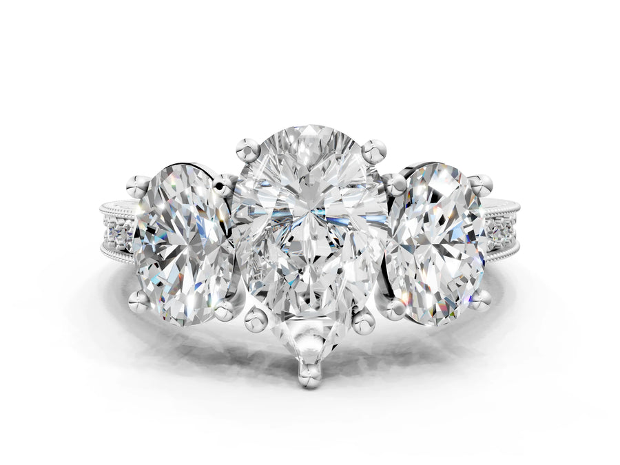 White gold Three-Stone Pear Diamond Milgrain Pave Band with Prong Setting