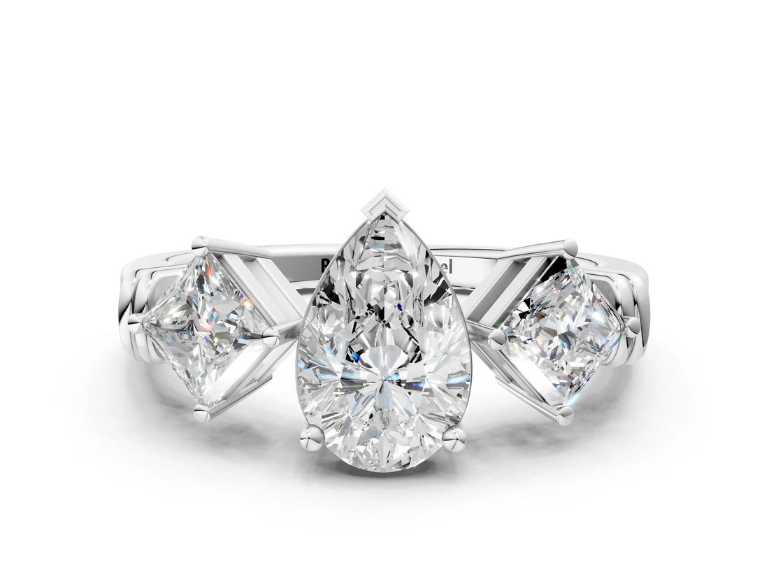 White gold Three-Stone Pear and Princess Cut Diamond Ring with Channel Band and Four-Prong Setting_28