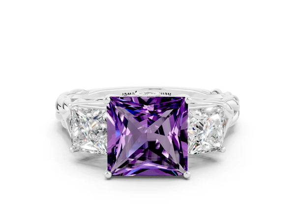 Platinum Three-Stone Princess Cut Amethyst Braided Band Ring with Four-Prong Setting