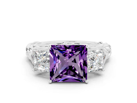 White gold Three-Stone Princess Cut Amethyst Braided Band Ring with Four-Prong Setting_12