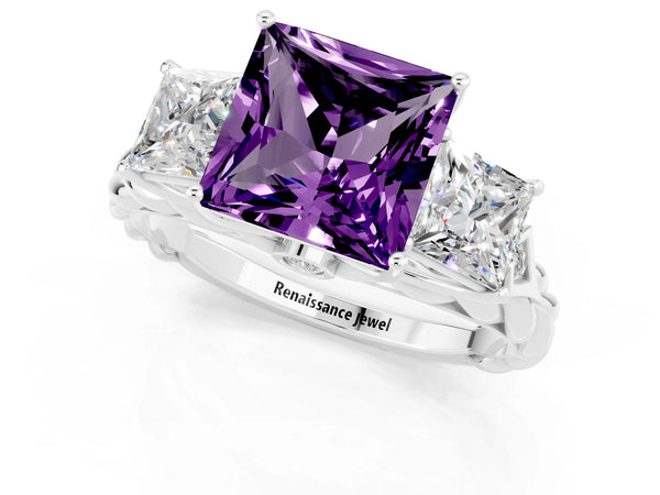 Silver Three-Stone Princess Cut Amethyst Braided Band Ring with Four-Prong Setting