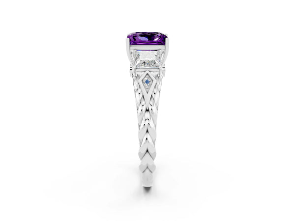 Platinum Three-Stone Princess Cut Amethyst Braided Band Ring with Four-Prong Setting
