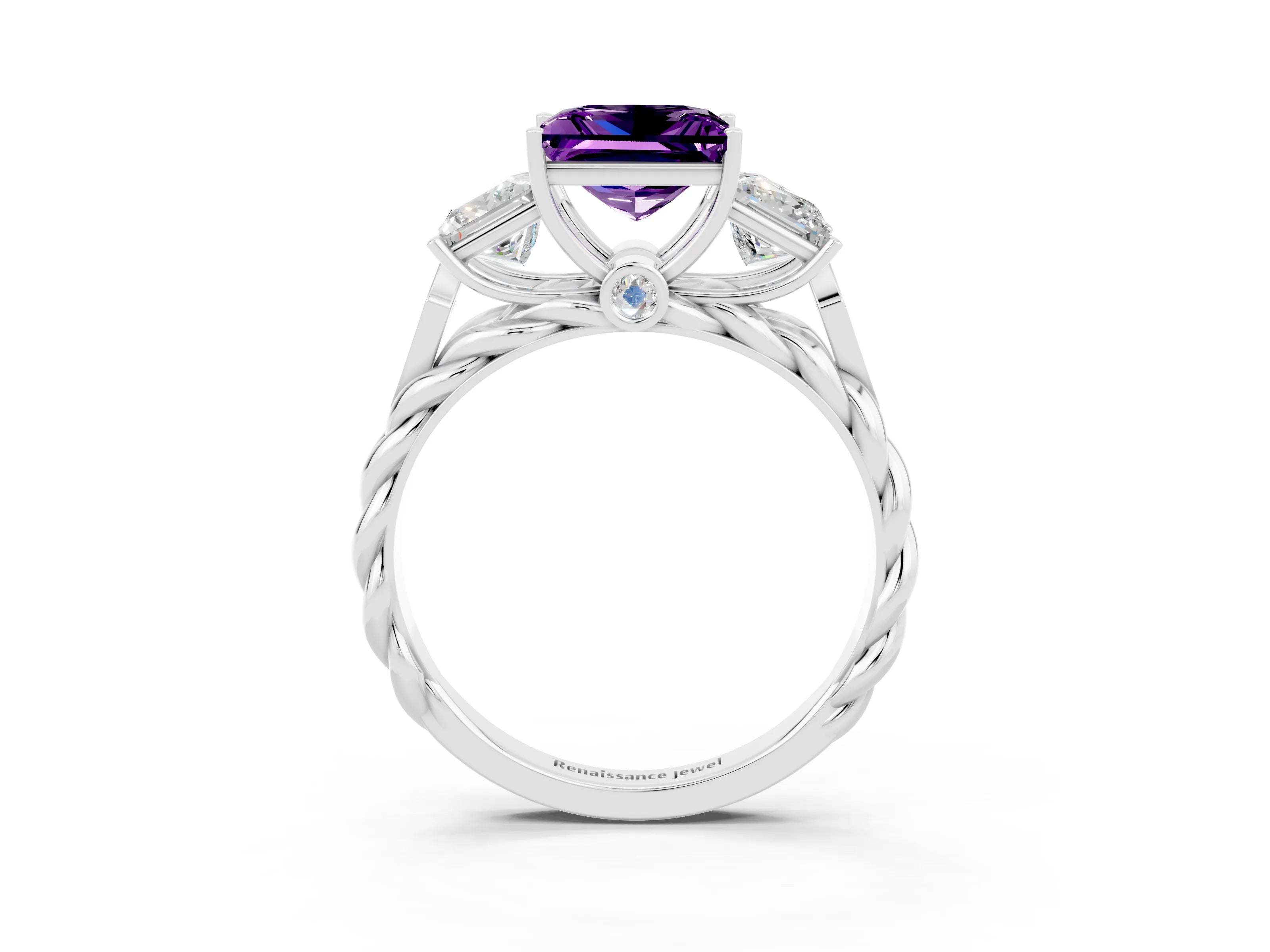 White gold Three-Stone Princess Cut Amethyst Braided Band Ring with Four-Prong Setting_15
