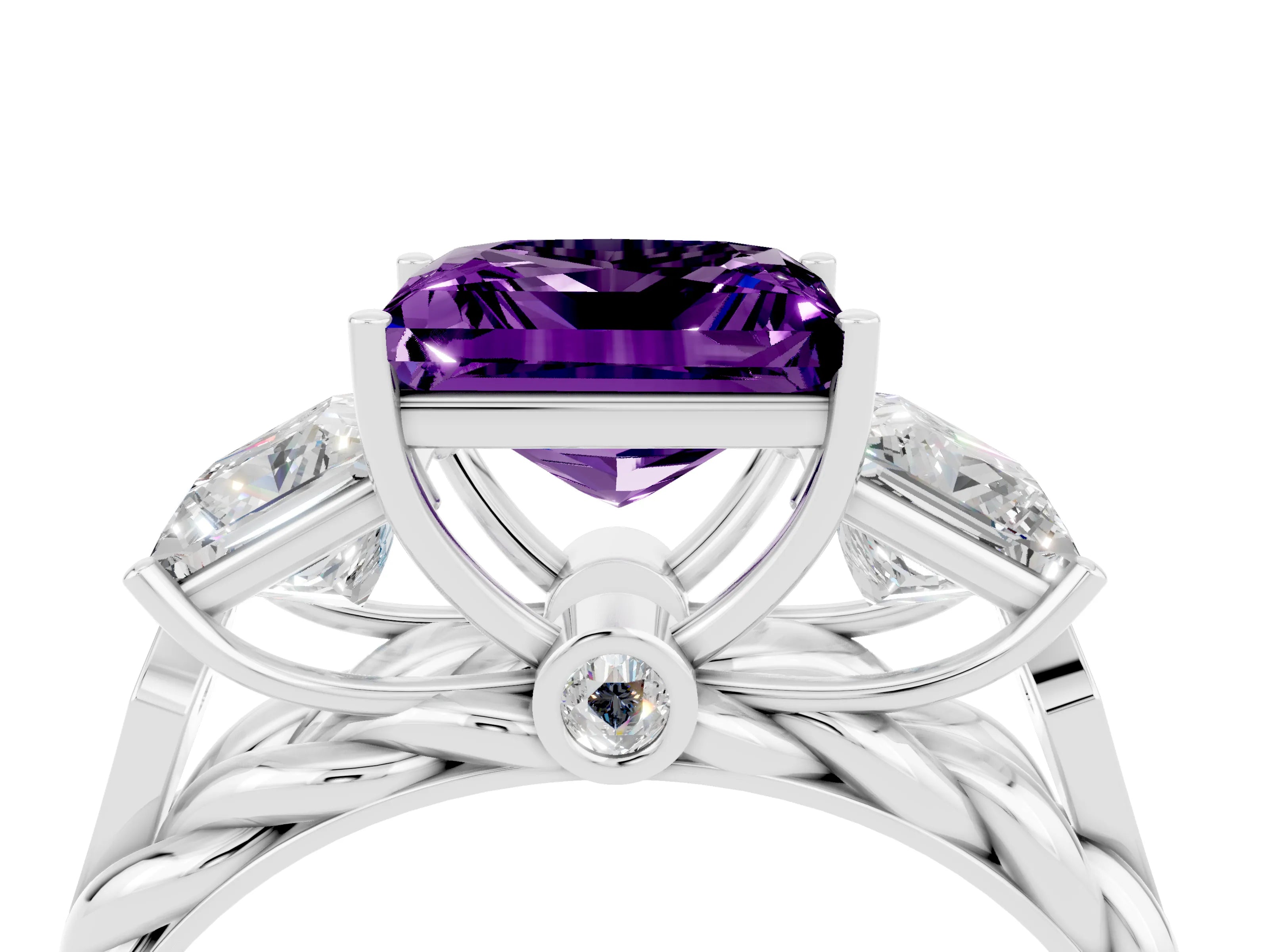 White gold Three-Stone Princess Cut Amethyst Braided Band Ring with Four-Prong Setting_16