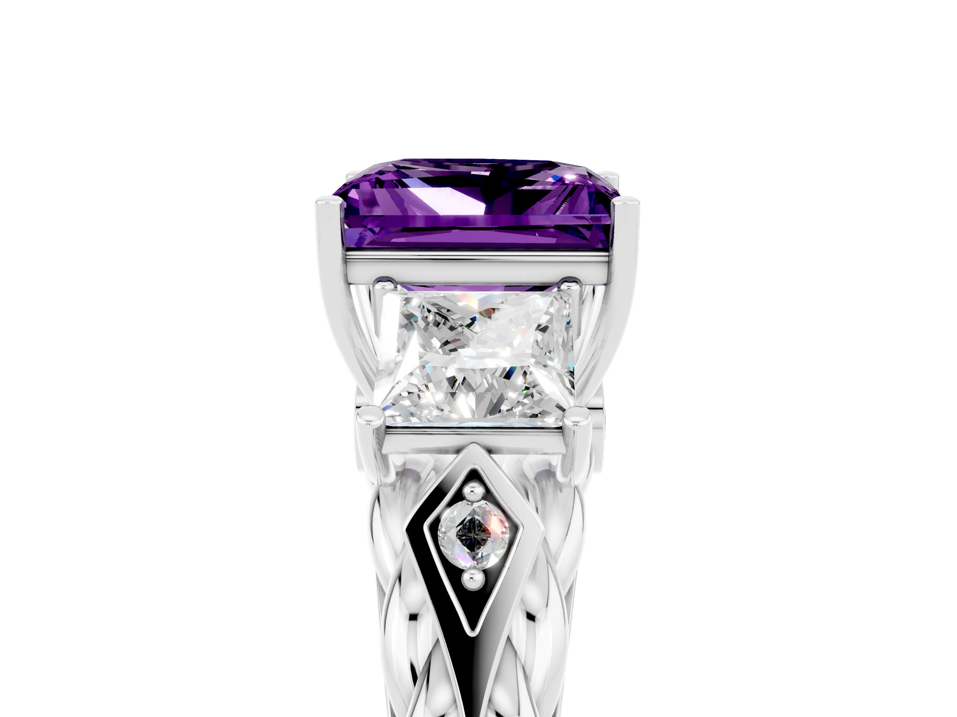 White gold Three-Stone Princess Cut Amethyst Braided Band Ring with Four-Prong Setting_17