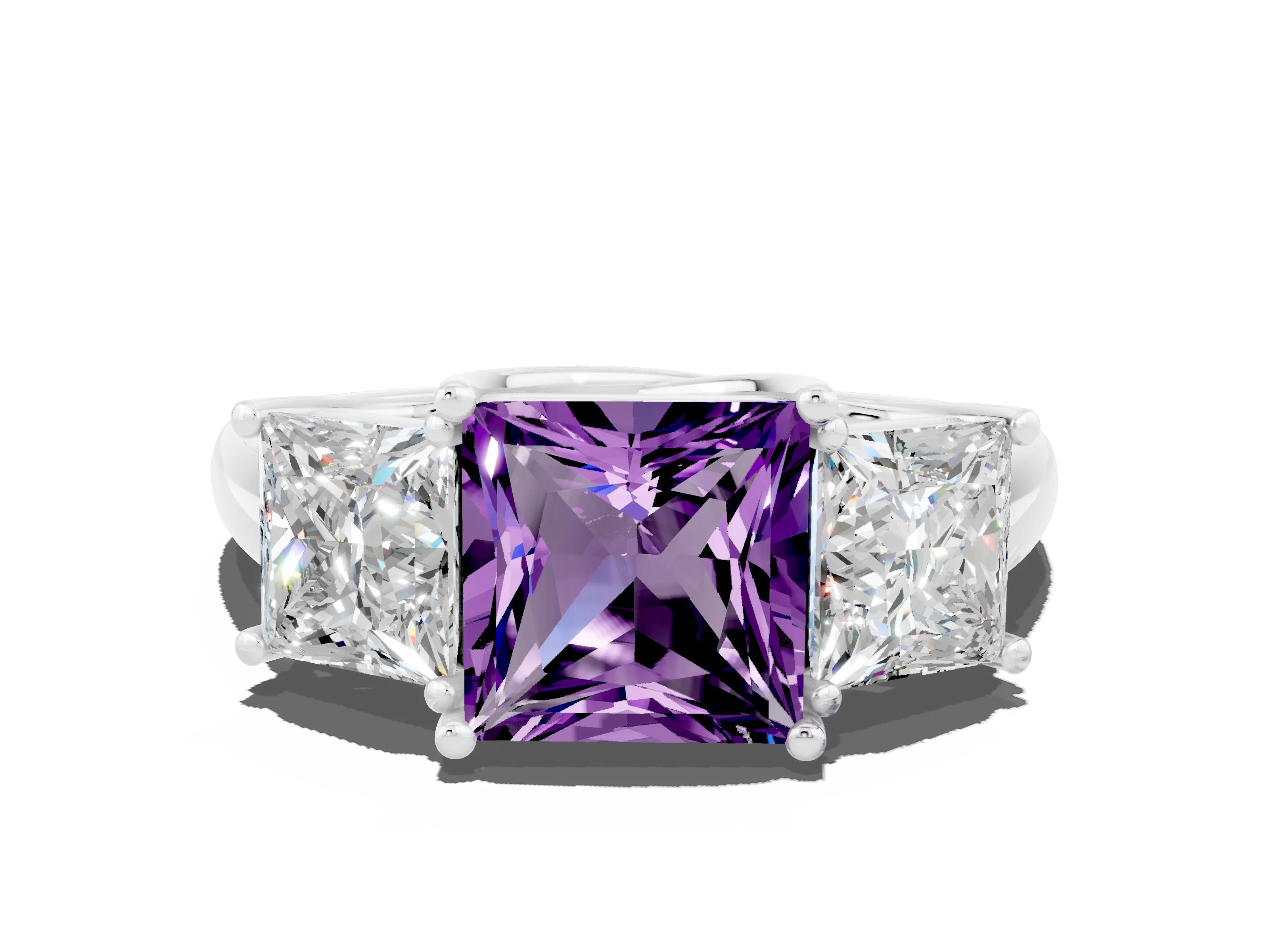 White gold Three-Stone Princess Cut Amethyst Engagement Ring with Prong Setting