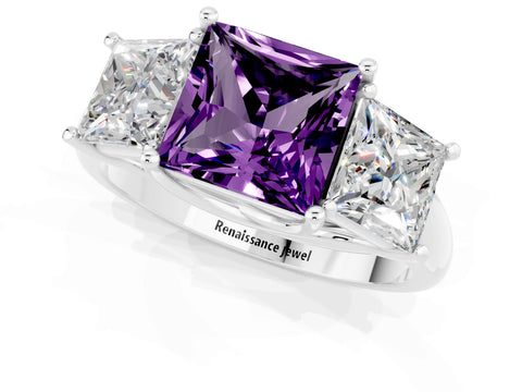 White gold Three-Stone Princess Cut Amethyst Engagement Ring with Prong Setting_1