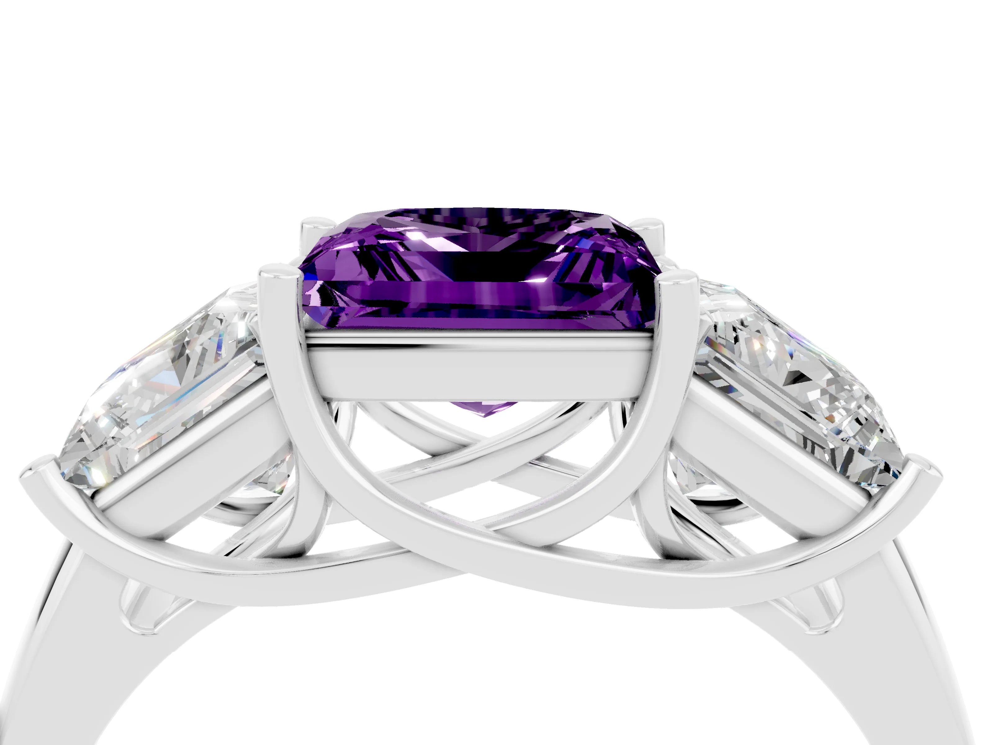 White gold Three-Stone Princess Cut Amethyst Engagement Ring with Prong Setting_4