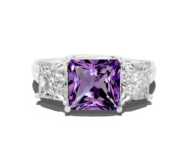 White gold Three-Stone Princess Cut Amethyst Engagement Ring with Prong Setting