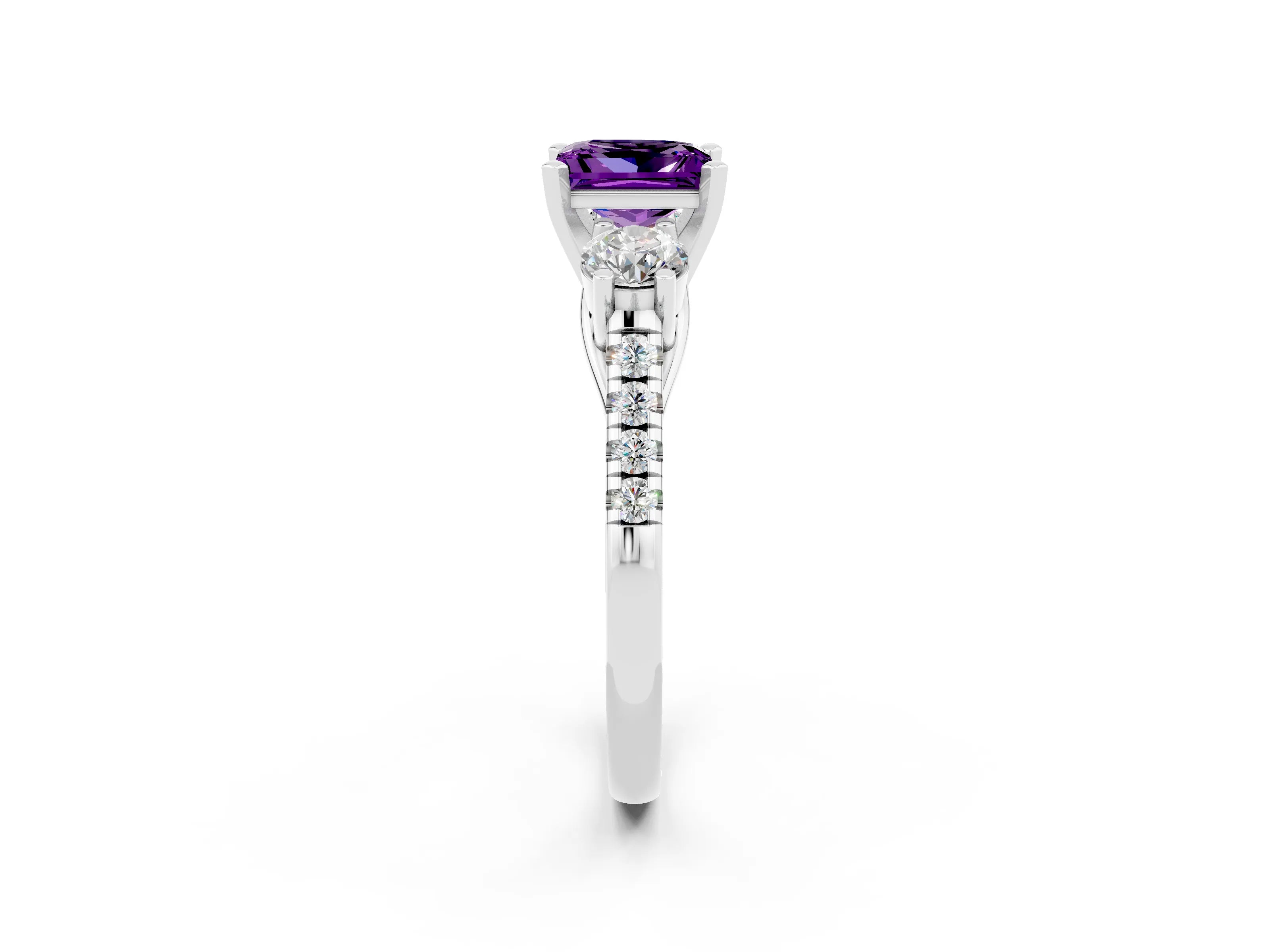 White gold Three-Stone Princess Cut Amethyst Pavé Band with Four-Prong Setting_2