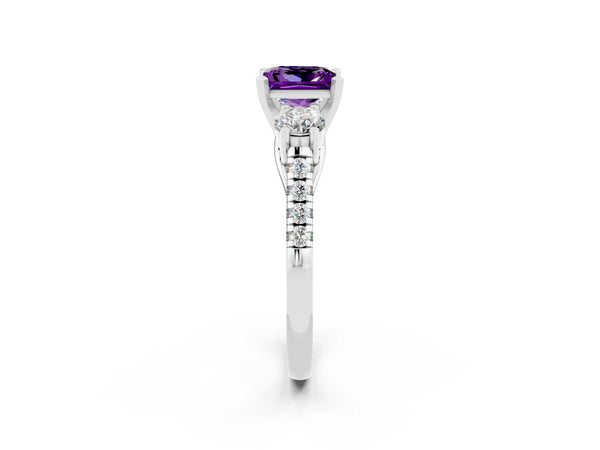 Platinum Three-Stone Princess Cut Amethyst Pavé Band with Four-Prong Setting