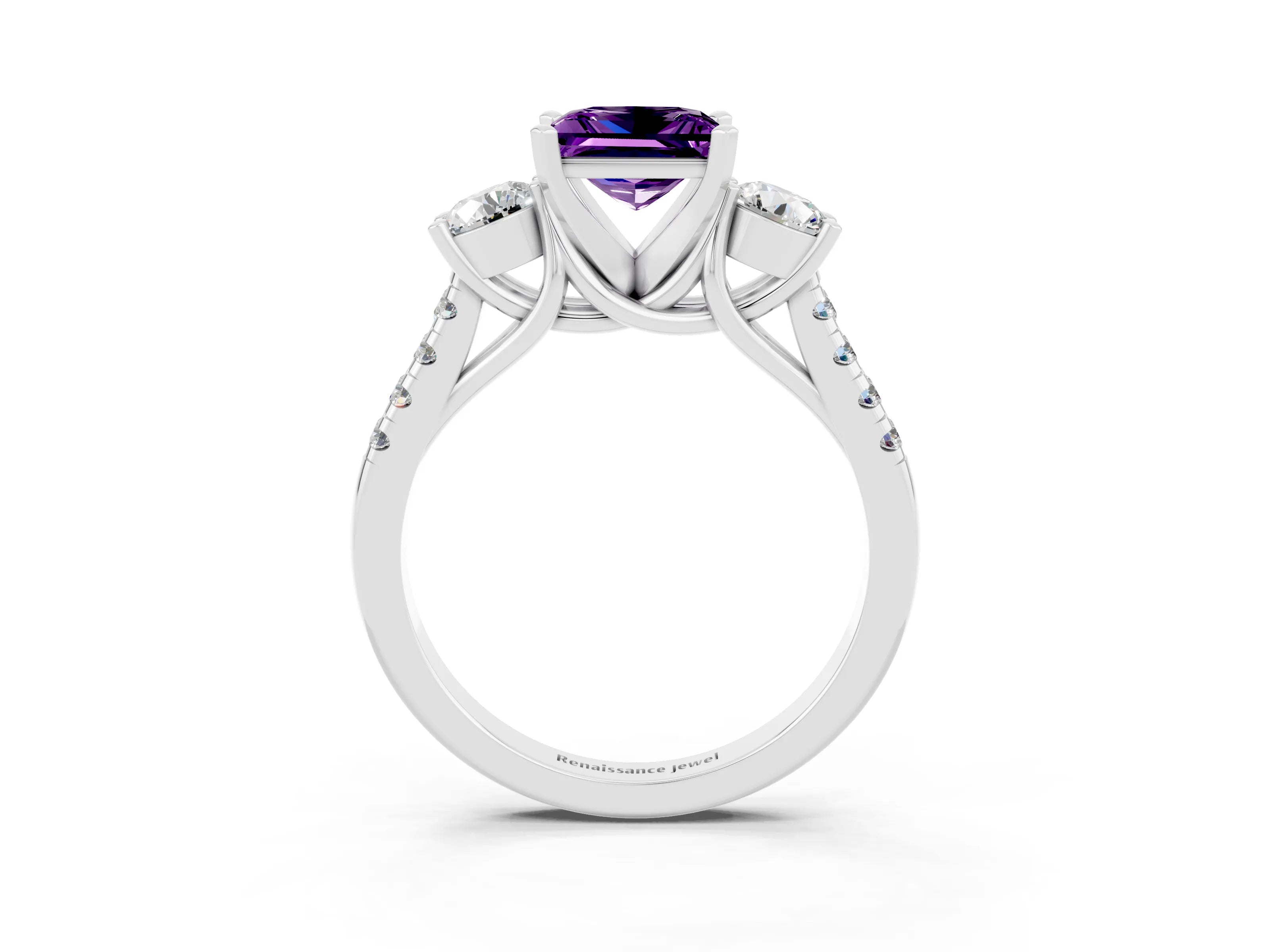 White gold Three-Stone Princess Cut Amethyst Pavé Band with Four-Prong Setting_3