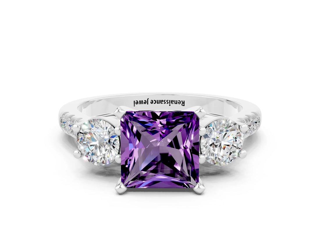 White gold Three-Stone Princess Cut Amethyst Pavé Band with Four-Prong Setting