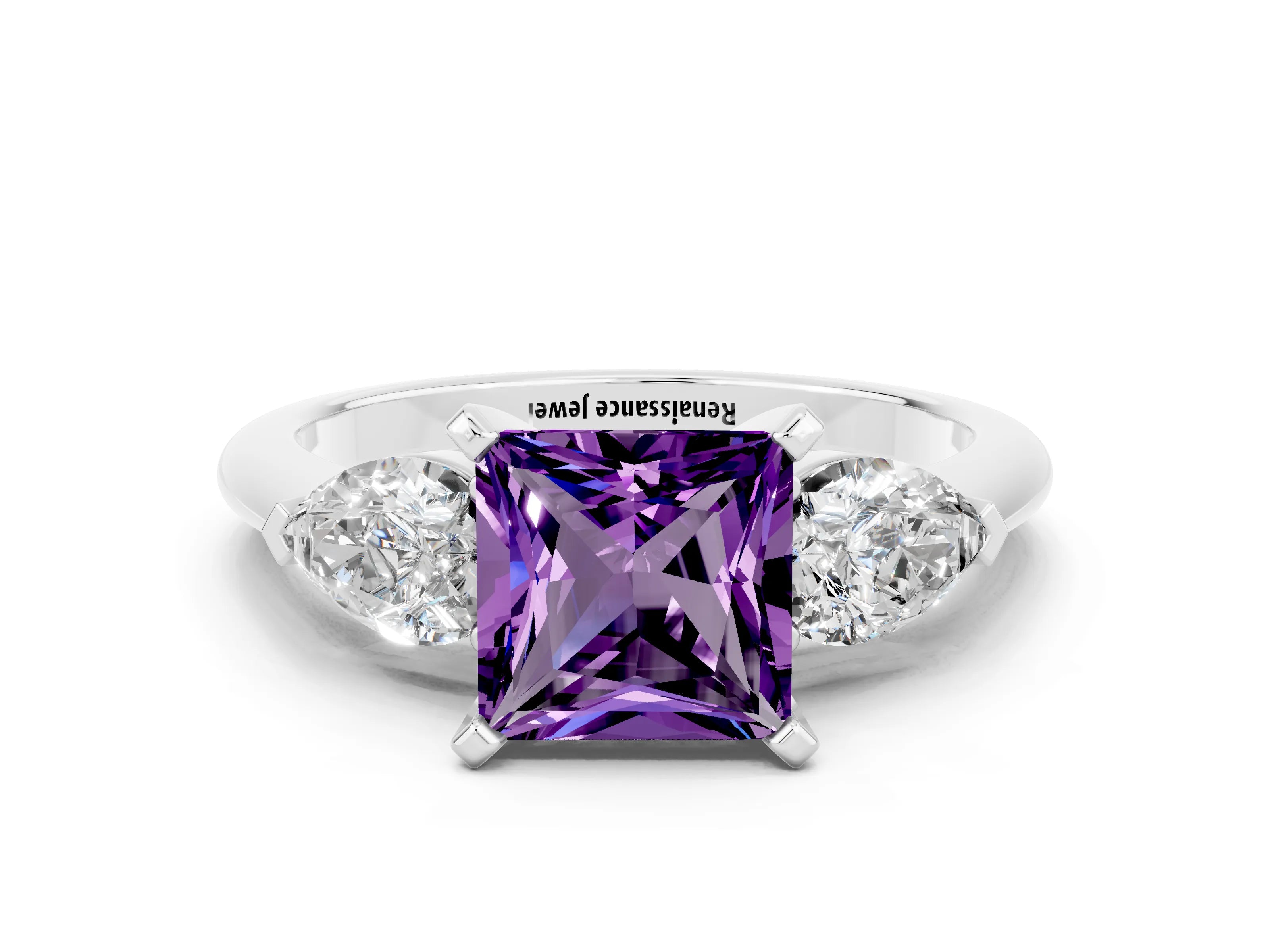 White gold Three-Stone Princess Cut Amethyst Ring with Pear Side Stones and Four-Prong Setting