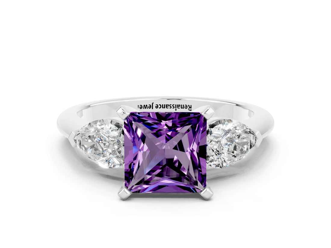 White gold Three-Stone Princess Cut Amethyst Ring with Pear Side Stones and Four-Prong Setting