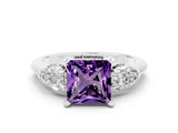 White gold Three-Stone Princess Cut Amethyst Ring with Pear Side Stones and Four-Prong Setting