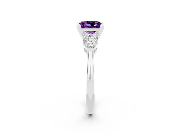 Silver Three-Stone Princess Cut Amethyst Ring with Pear Side Stones and Four-Prong Setting